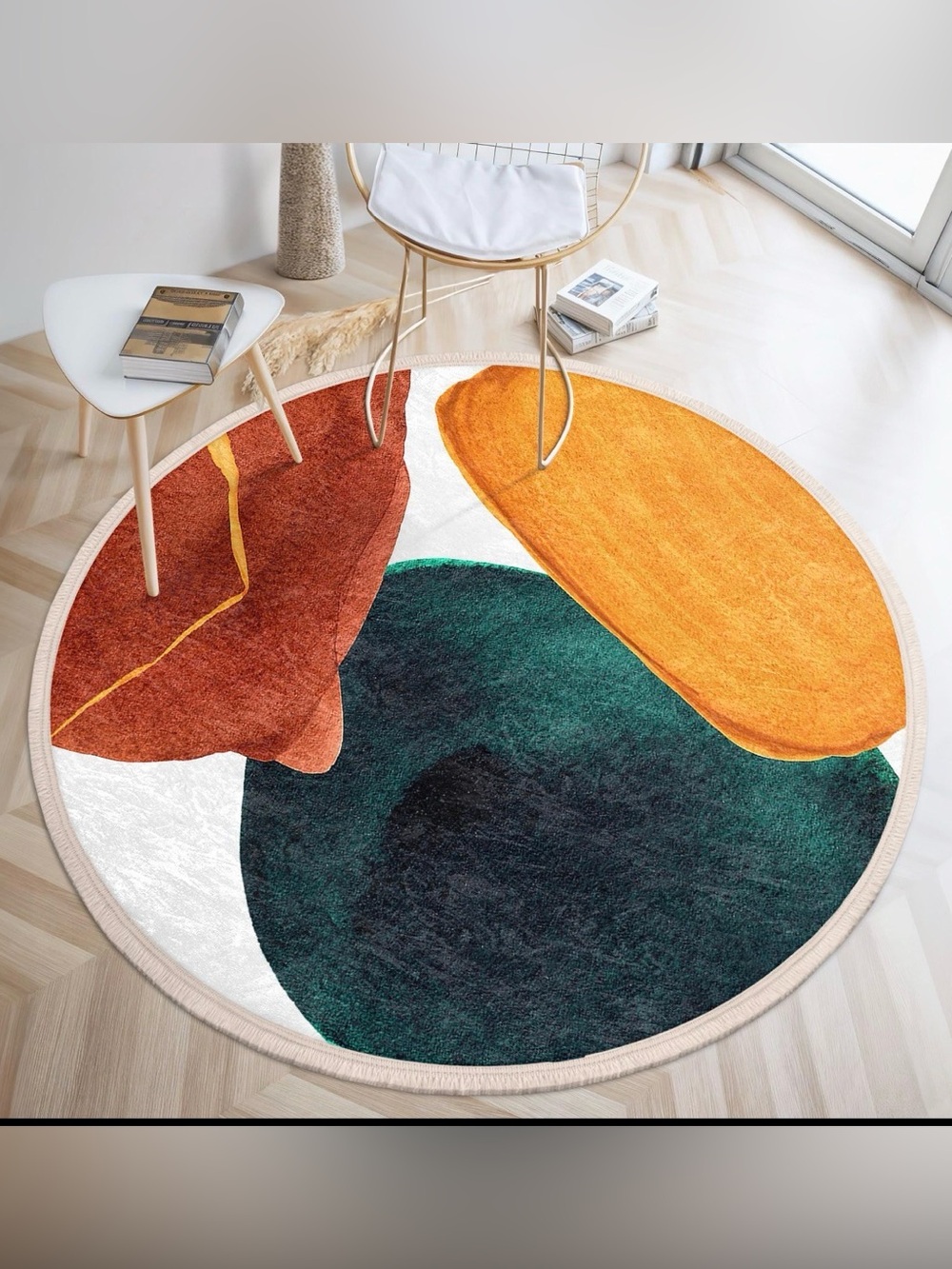 Abstract Round Accent Rug in Orange, Teal & Rust